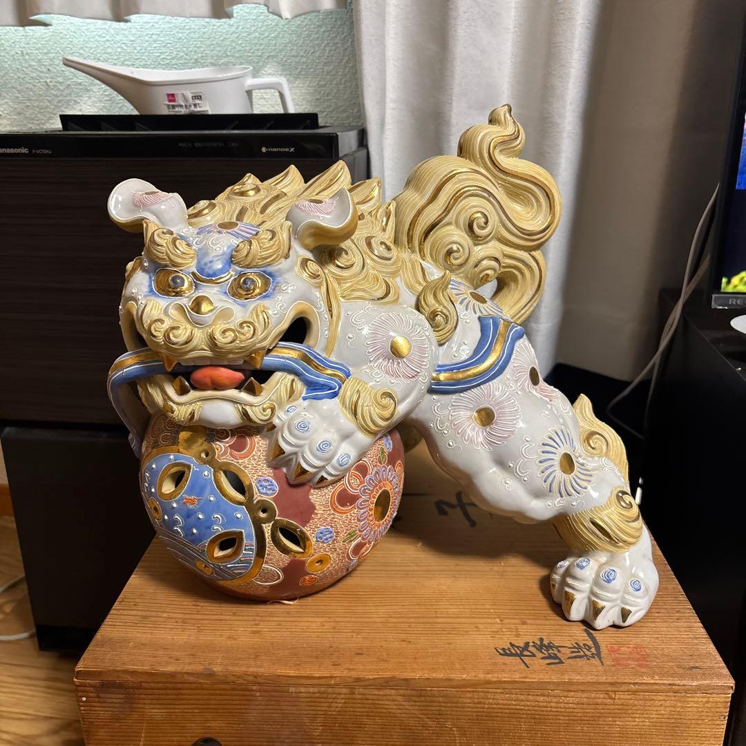 陶器製 獅子の置物 九谷焼　箱付