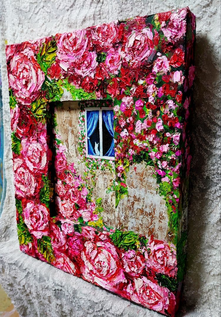 油絵 絵画【猫とピンク薔薇】