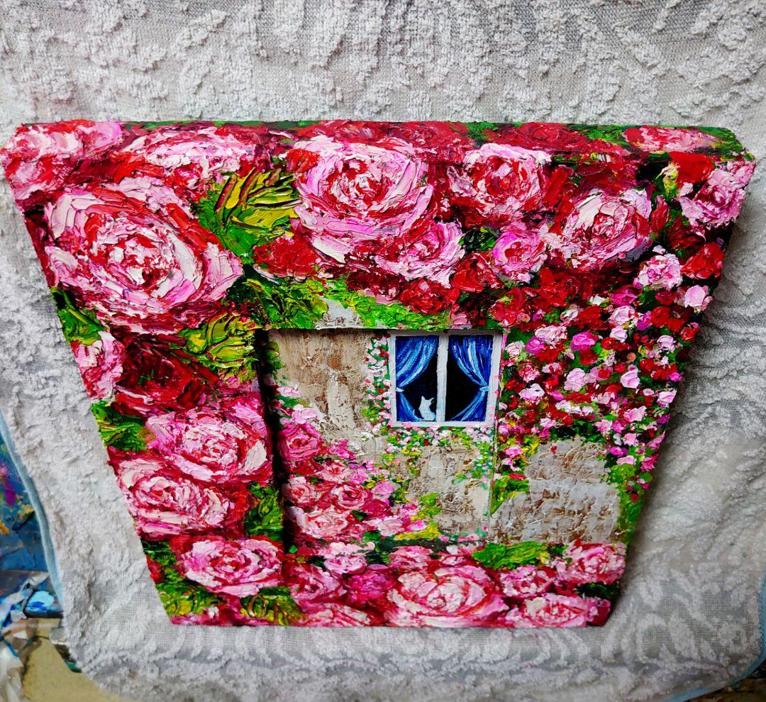 油絵 絵画【猫とピンク薔薇】