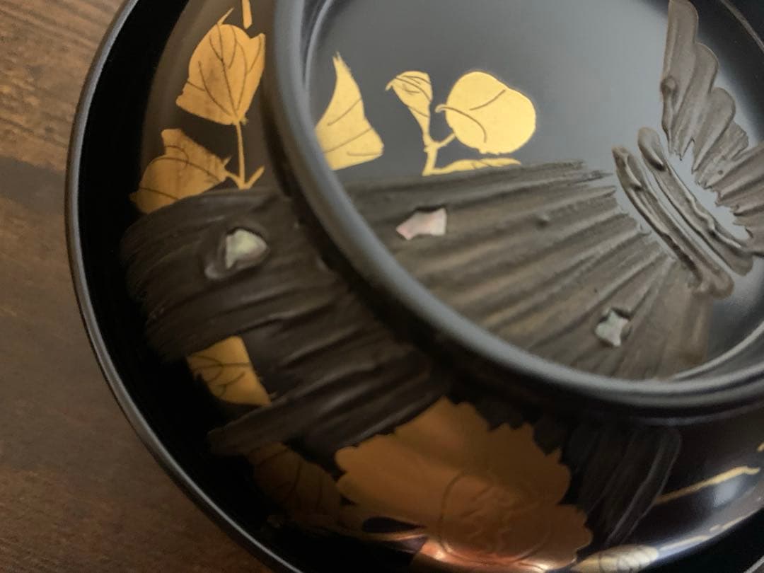 沈金蒔絵　木製漆塗吸物椀10客　時代物　お椀　汁椀　貝細工　芍薬　結び切り