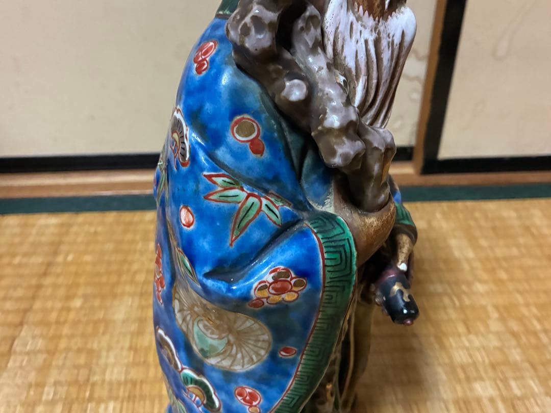 九谷焼 古九谷 金彩 色絵 寿老人 木箱付 33.0㎝！