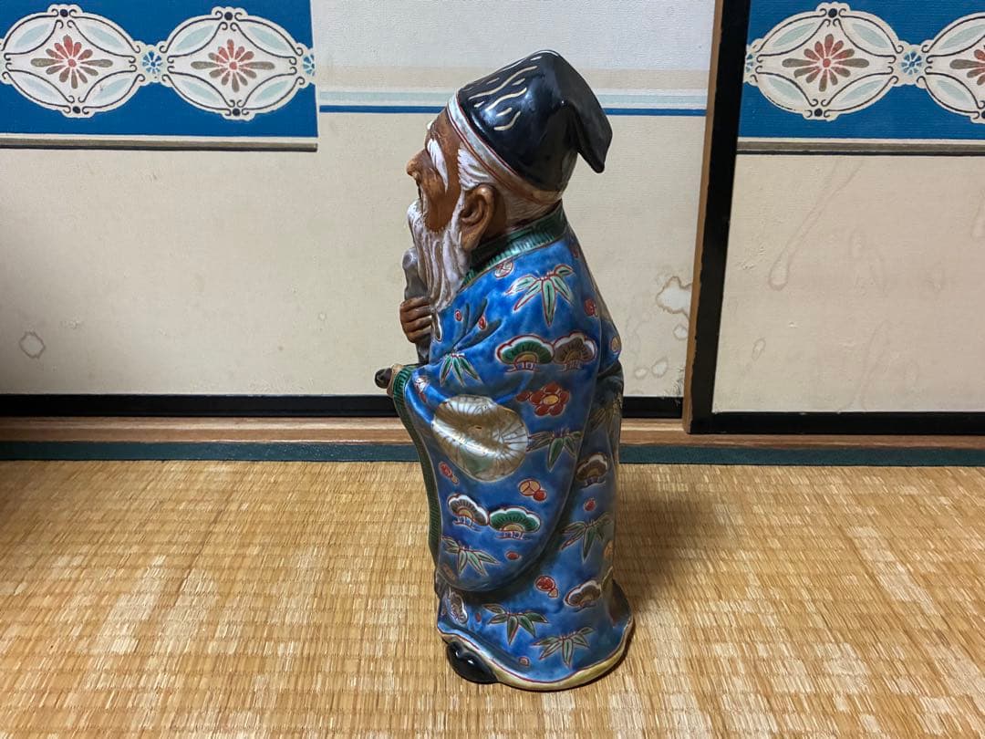 九谷焼 古九谷 金彩 色絵 寿老人 木箱付 33.0㎝！