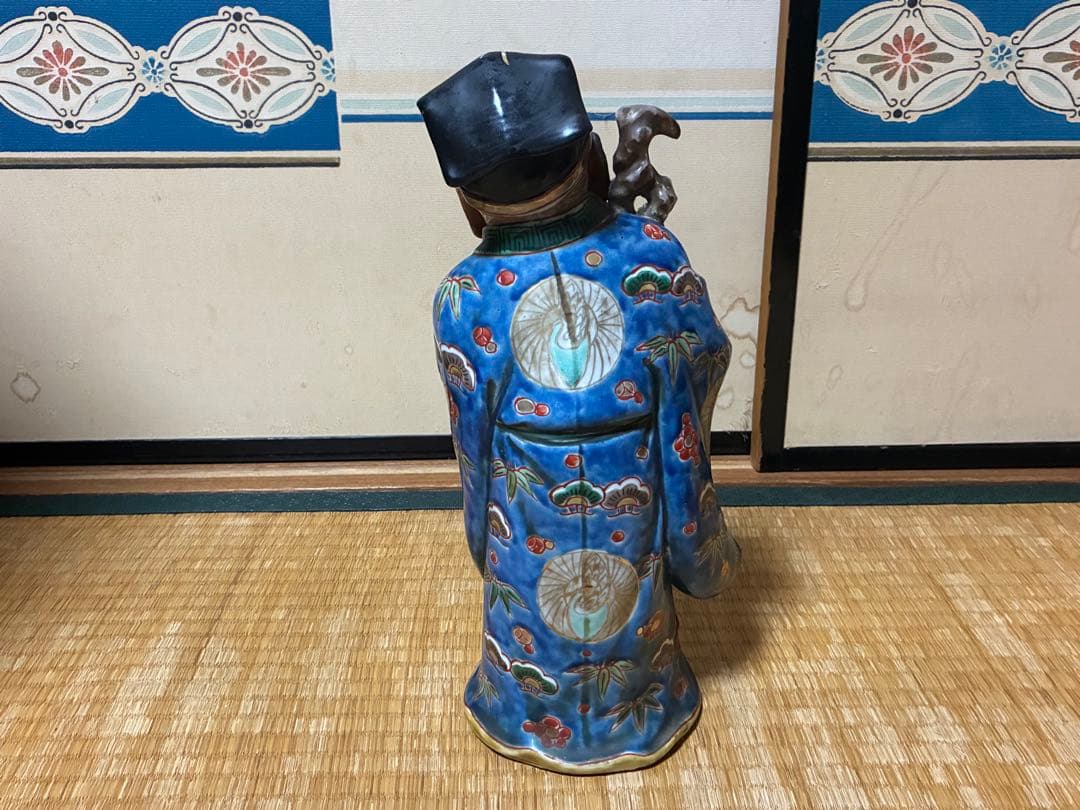 九谷焼 古九谷 金彩 色絵 寿老人 木箱付 33.0㎝！