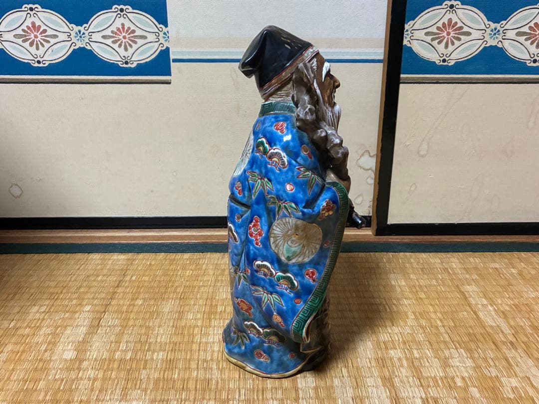 九谷焼 古九谷 金彩 色絵 寿老人 木箱付 33.0㎝！