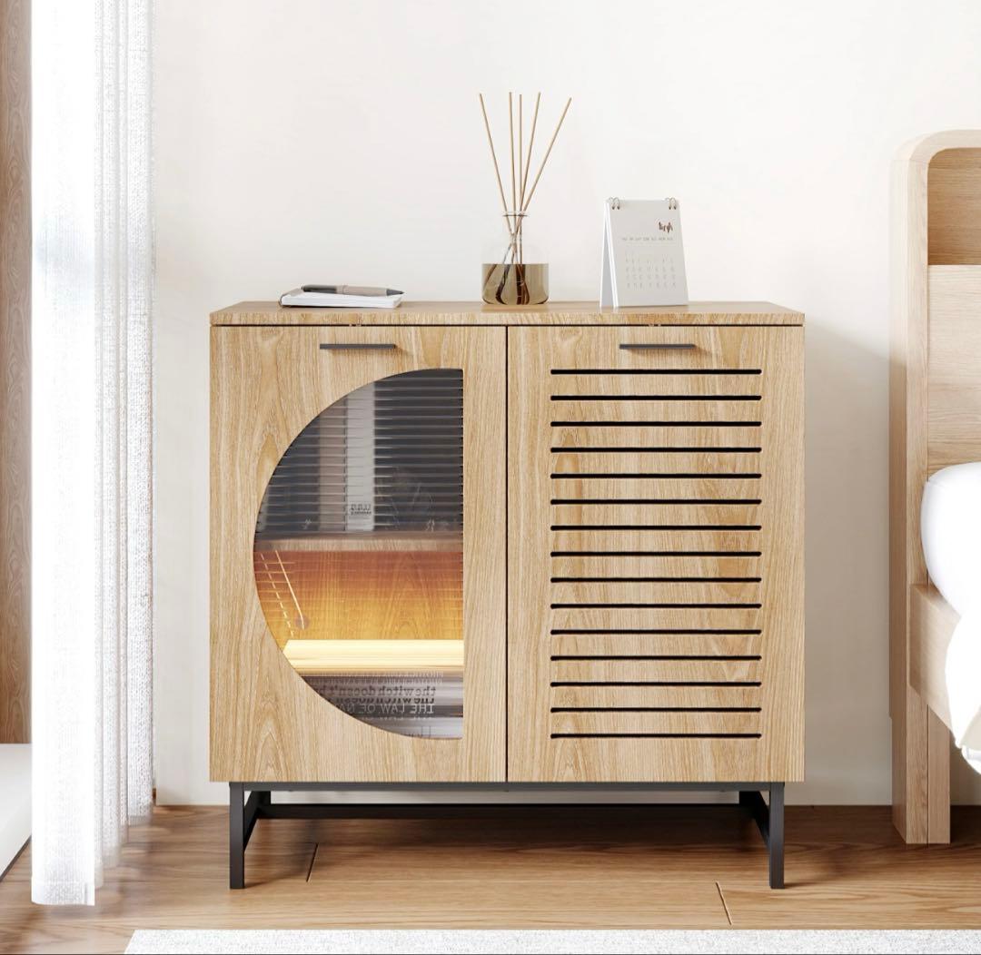 キャビネット サイドボード LEDライト付 両開き扉収納 木目調 幅80cm