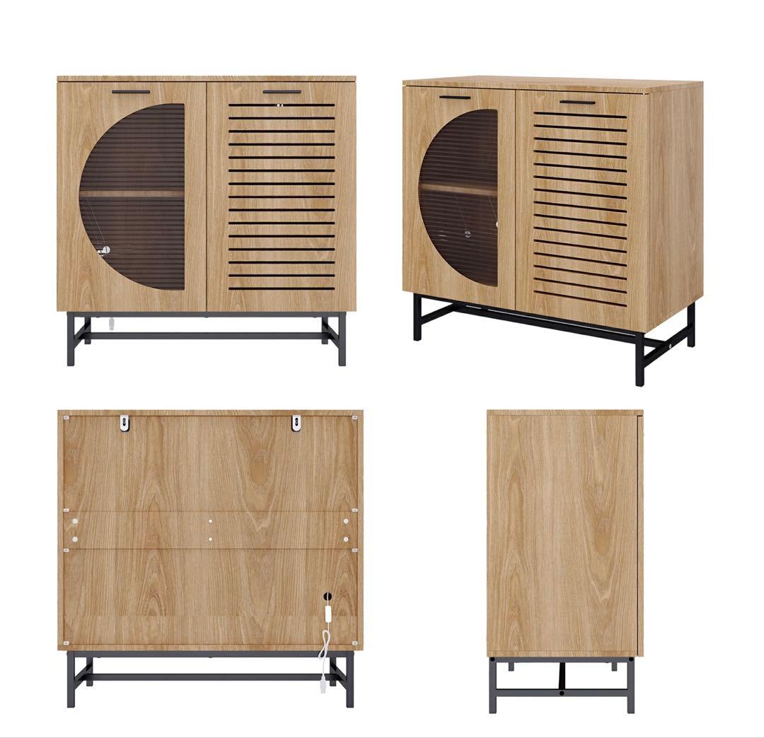 キャビネット サイドボード LEDライト付 両開き扉収納 木目調 幅80cm