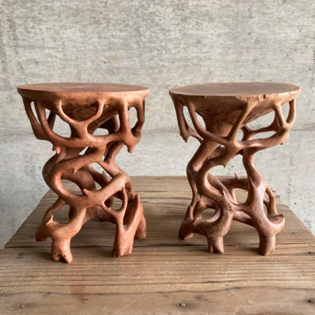 根卓 花台 香炉台 置物台 飾り台 盆栽 台座 オブジェ 木製 2点 レトロ