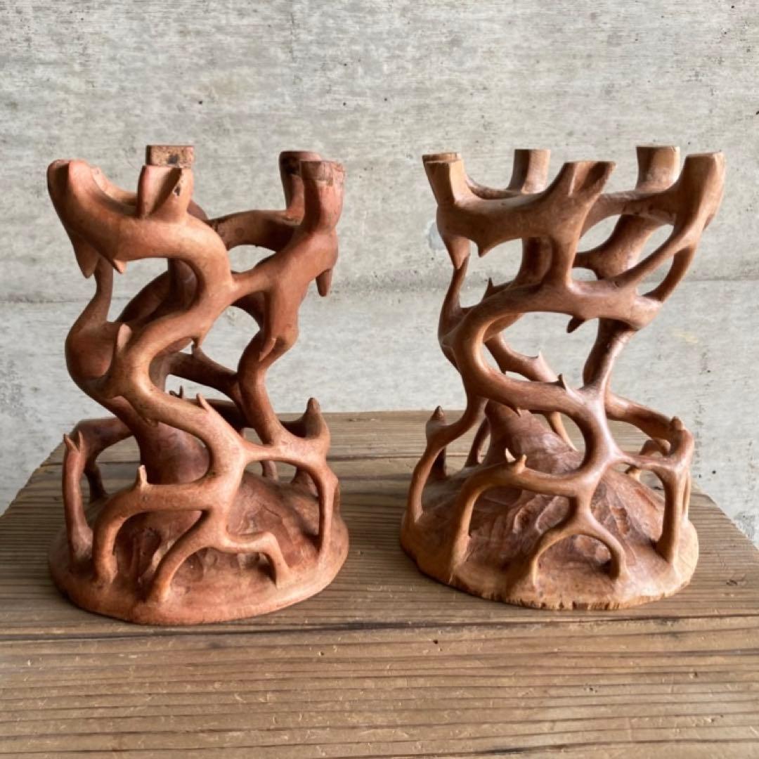 根卓 花台 香炉台 置物台 飾り台 盆栽 台座 オブジェ 木製 2点 レトロ