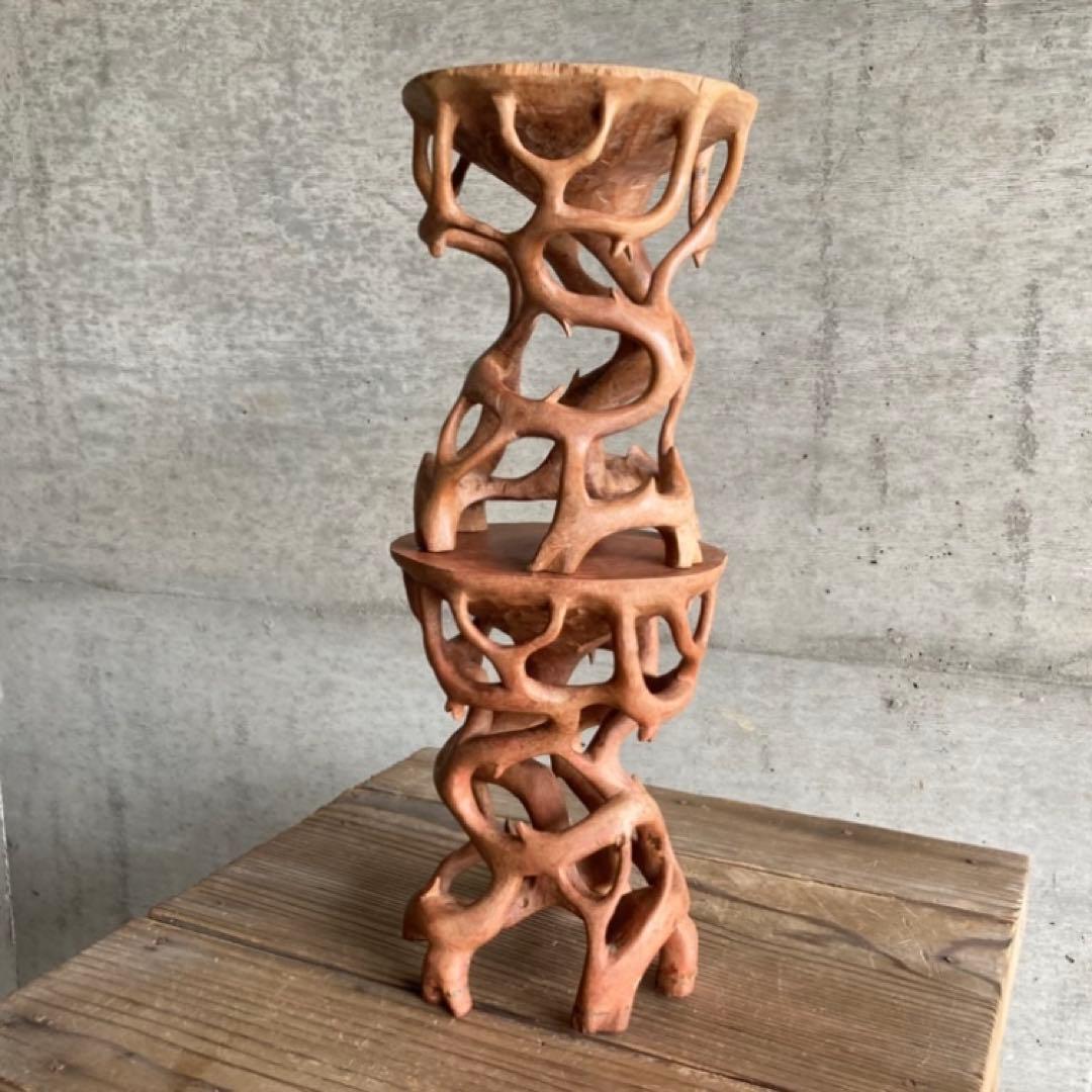 根卓 花台 香炉台 置物台 飾り台 盆栽 台座 オブジェ 木製 2点 レトロ