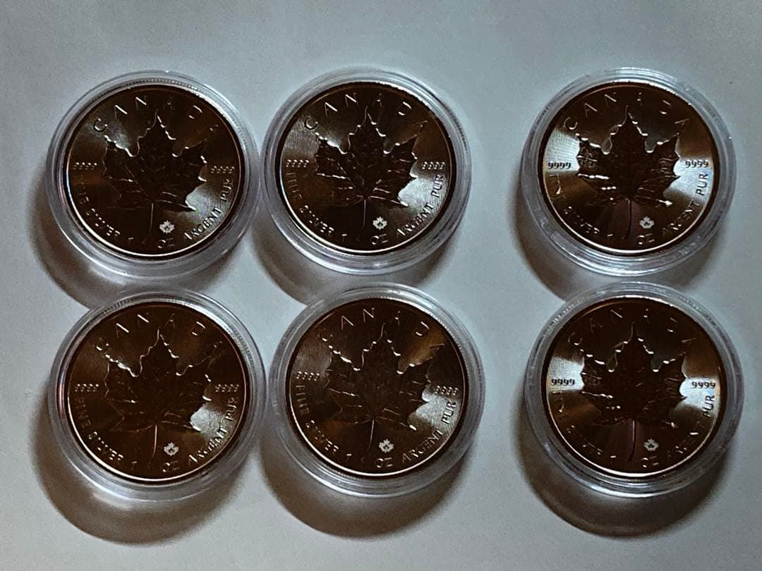 エリザベス女王デザインのメイプルリーフ銀貨入りカプセル６点