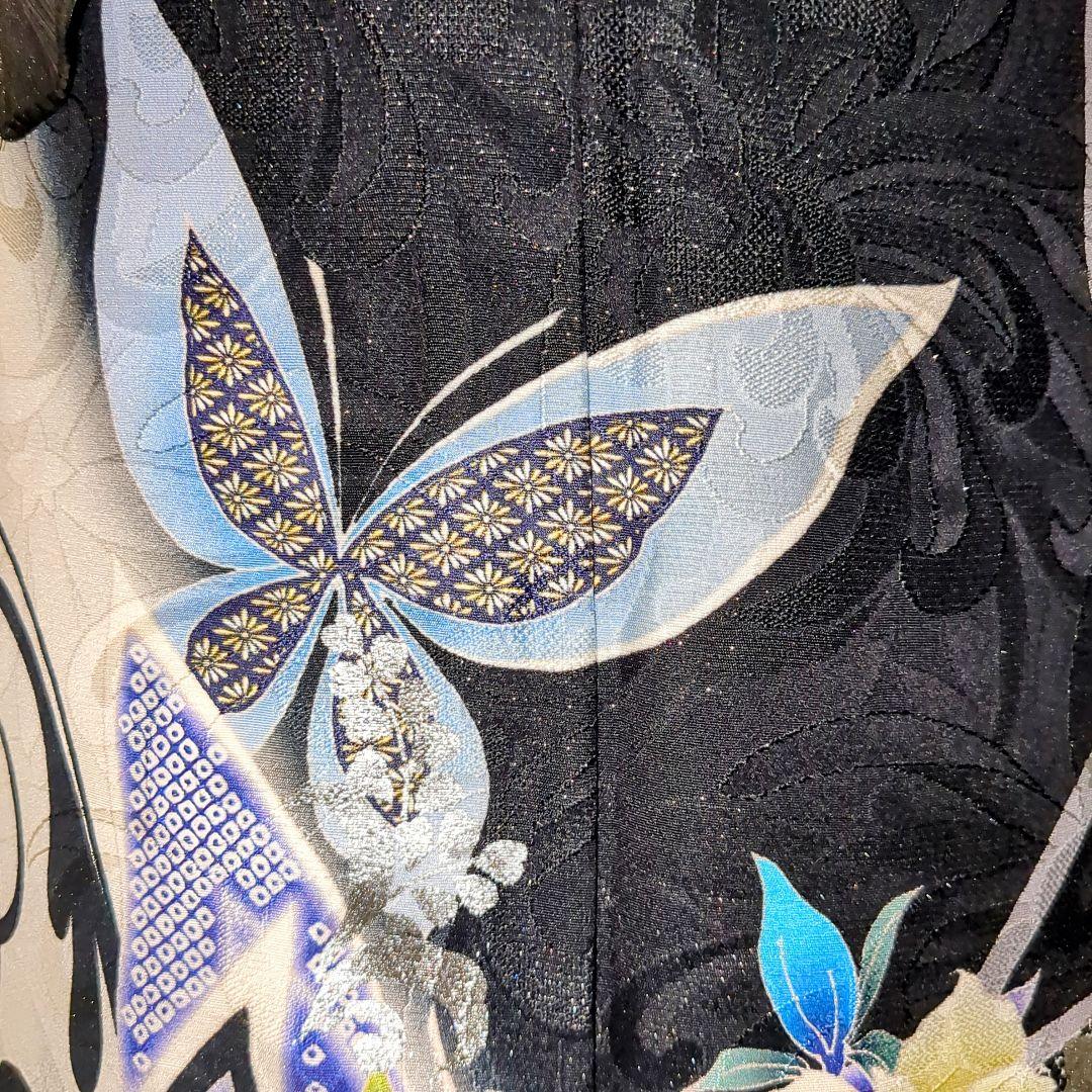 正絹振袖 駒刺繍 薔薇 蝶 銀通し 振袖セット 振袖フルセット 黒青白 62