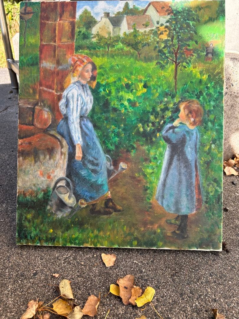 油彩画 子供と女性の風景