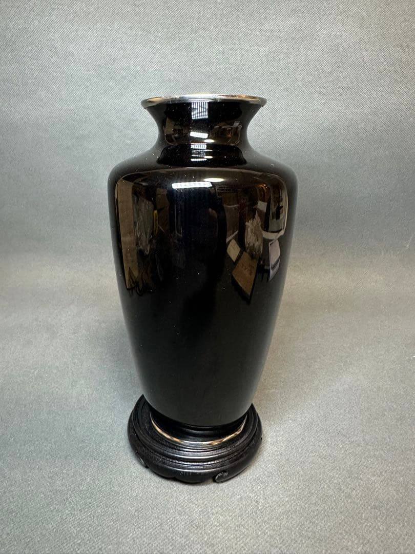 尾張七宝名工 七宝焼鶴文花瓶共箱 美品 服部良三作　アンティーク　コレクション