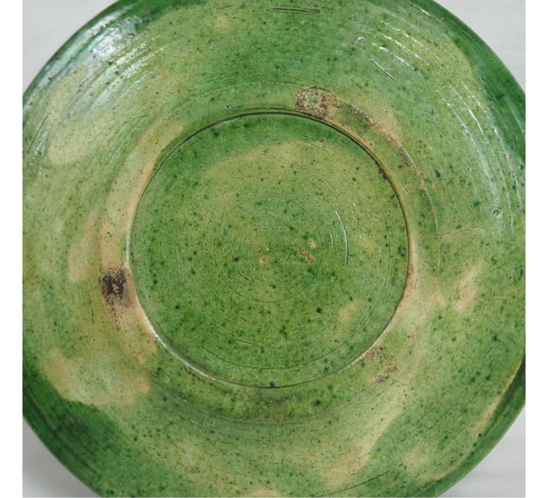 送料無料　江戸時代 源内焼　緑釉葵紋皿　径21cm