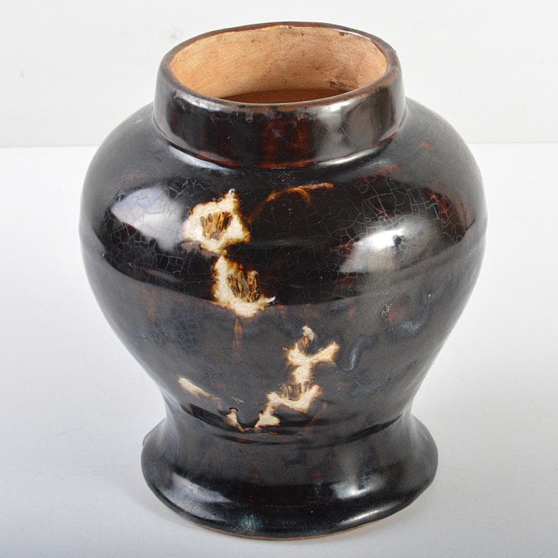 中国　磁州窯黒釉　花文瓶　V　R6028