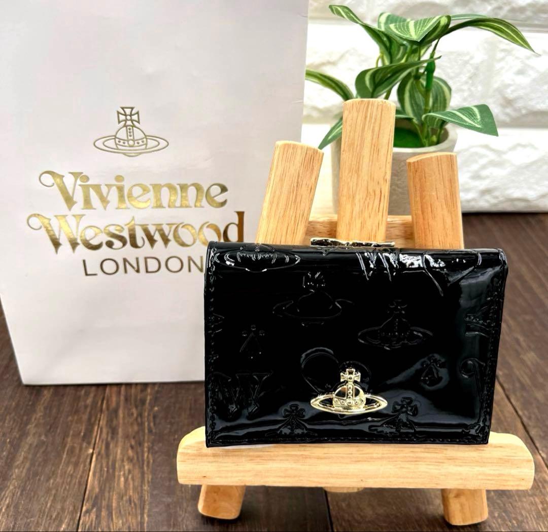 新品未使用　ヴィヴィアンウエストウッド 三つ折財布　黒　エナメル　がま口