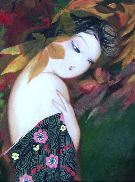 Ryoko 油彩画 女性像 花柄