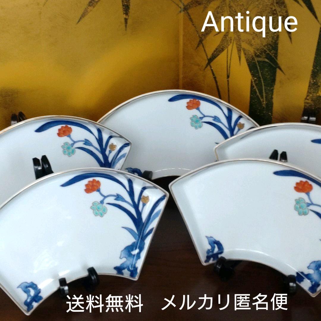 有田焼　金彩和蘭図扇型盛り皿　五客揃い
