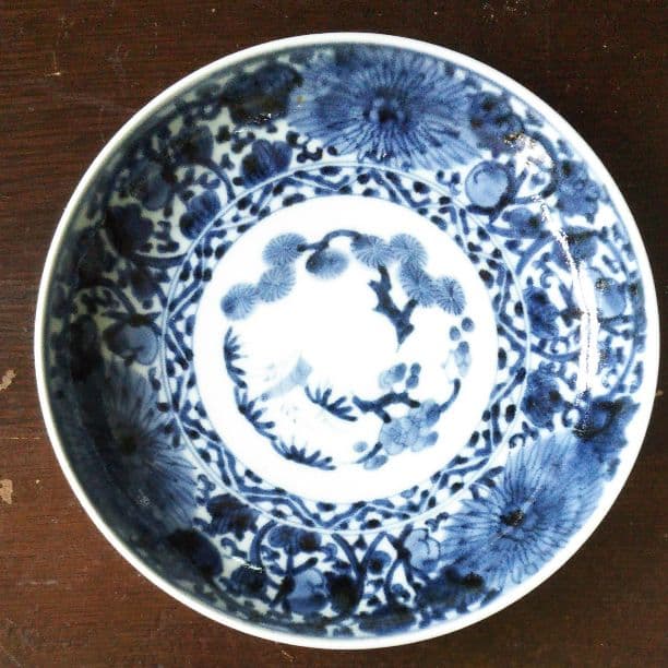 昔のお皿★ 冨貴長春 古伊万里 染付 皿 骨董 呉須 富貴長春 江戸 唐草 吉祥