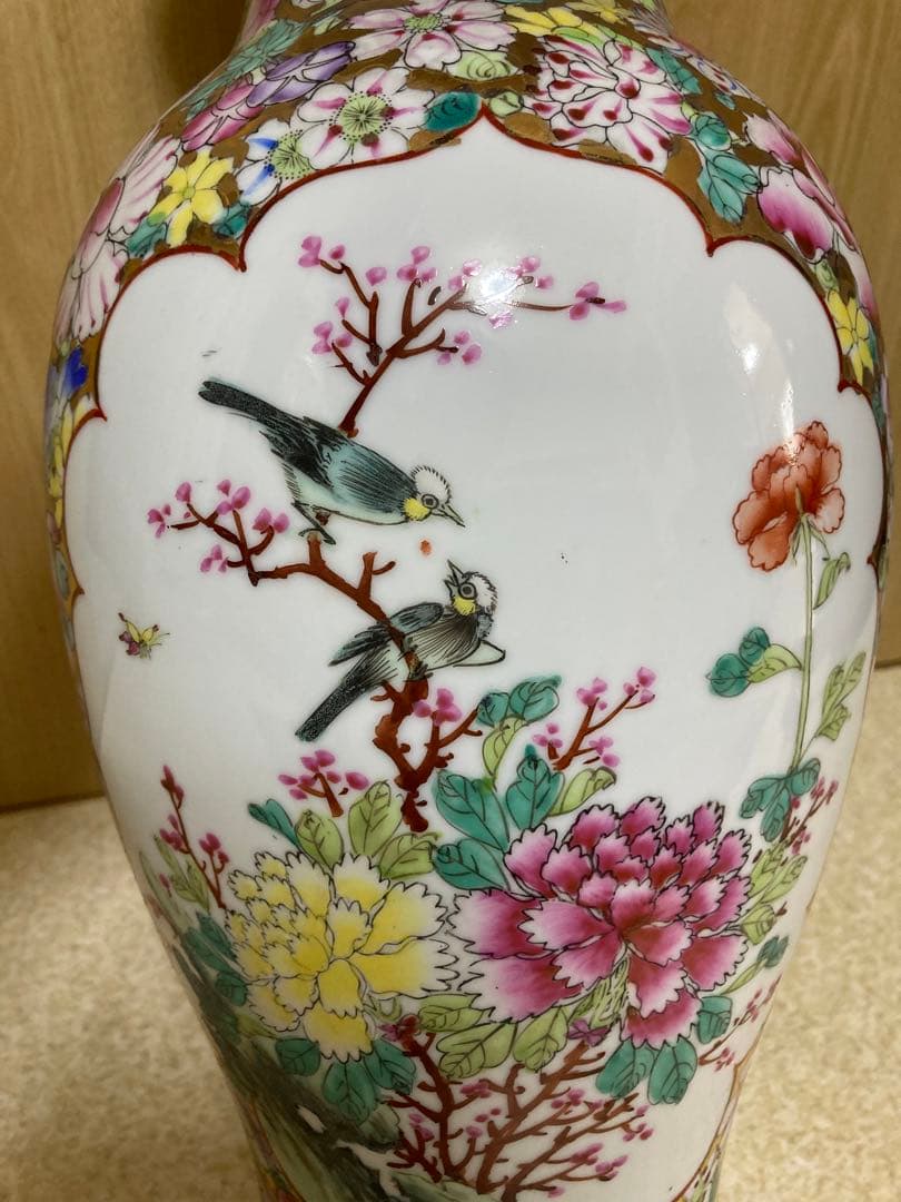 中国骨董／人物花鳥図／￼絵金百花瓶／亁隆年製铭