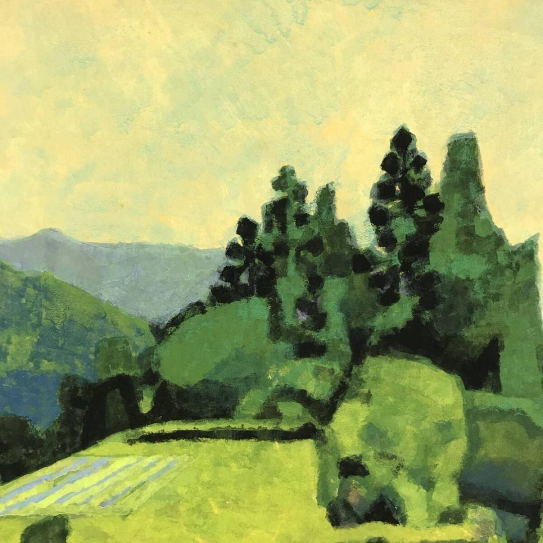 真作/山本知克/新緑風景図/山水図/横物/春/岩絵の具/掛軸☆宝船☆AK-286