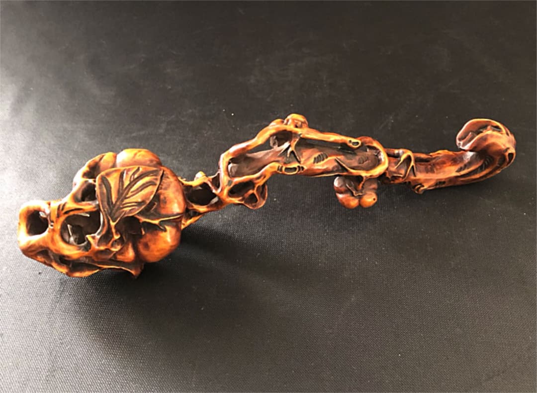 中国美術 唐 古黄楊木 細密彫り 如意 法具