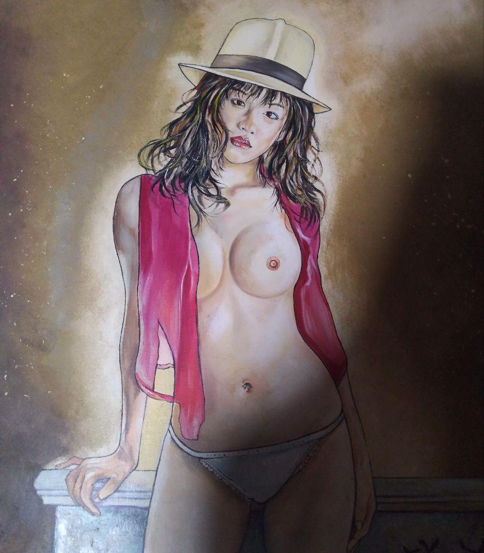 裸婦、美人画、油彩10F、シルクハットA山本英二、真作、肉筆、高塚省吾、森本草介