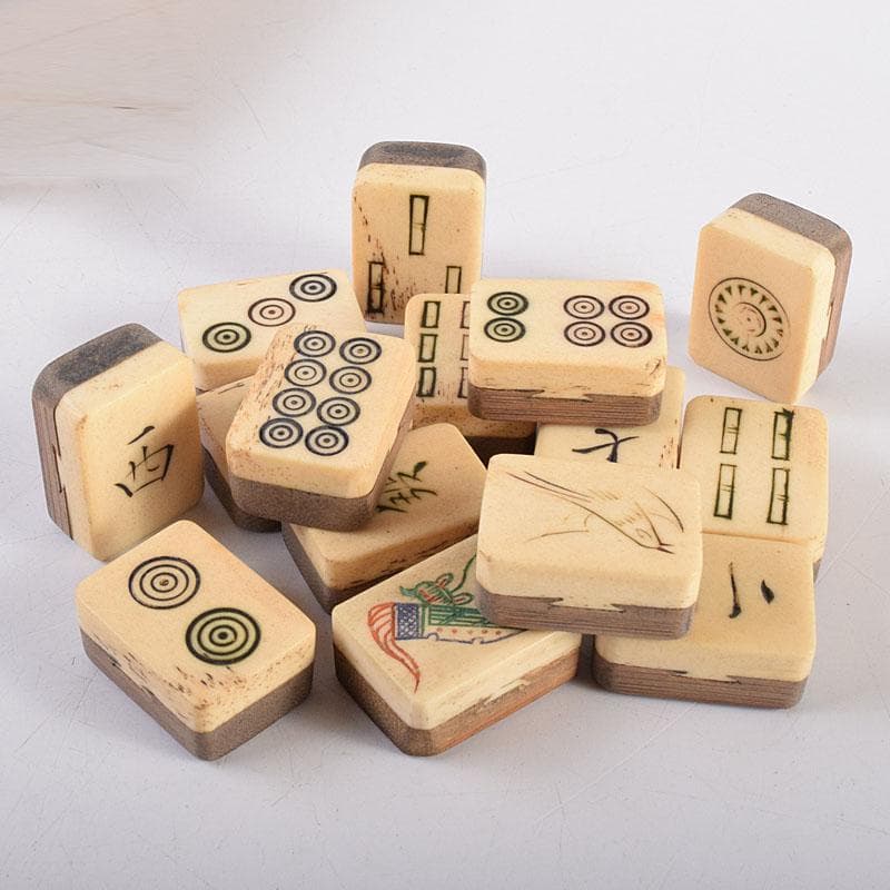 中国　竹嵌　骨牌　背竹牌　麻雀牌　木箱付　V　8014