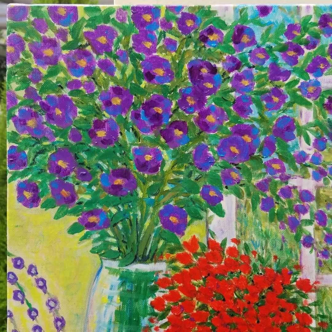 油絵　窓辺に並べたお花　　大きめキャンバス