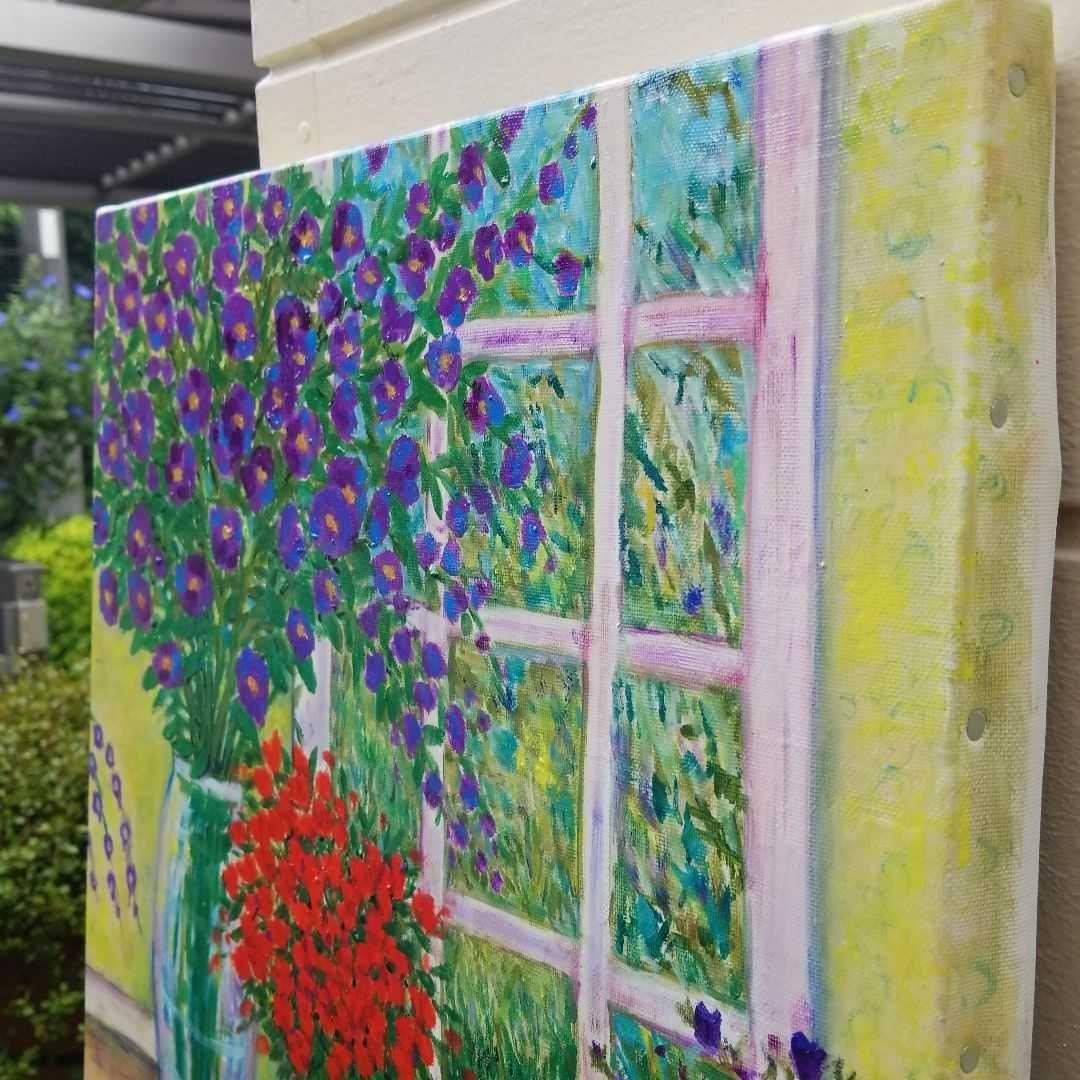 油絵　窓辺に並べたお花　　大きめキャンバス