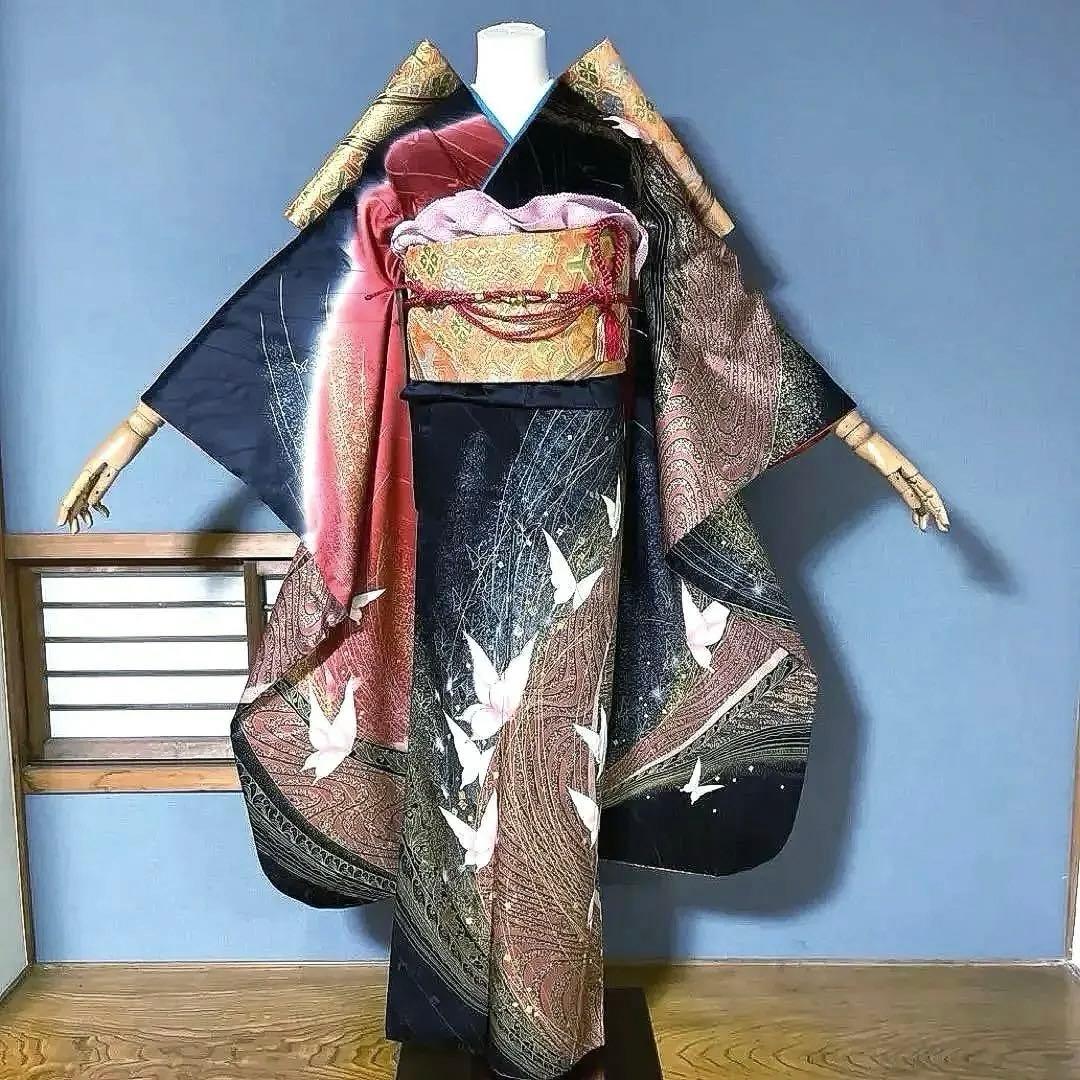振袖フルセット　金彩加工友禅　黒と蝶々とラメでギャル完成　成人式振袖　振袖