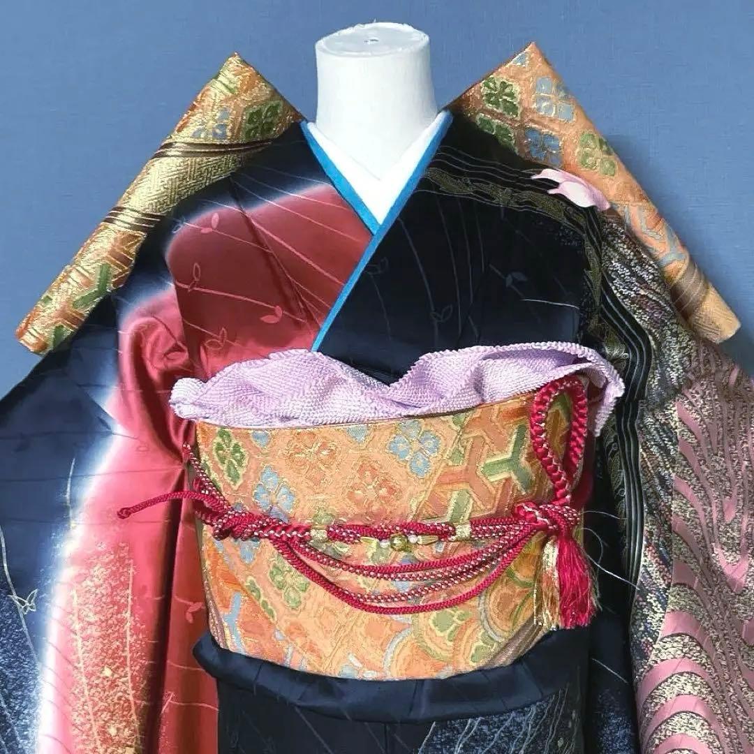 振袖フルセット　金彩加工友禅　黒と蝶々とラメでギャル完成　成人式振袖　振袖