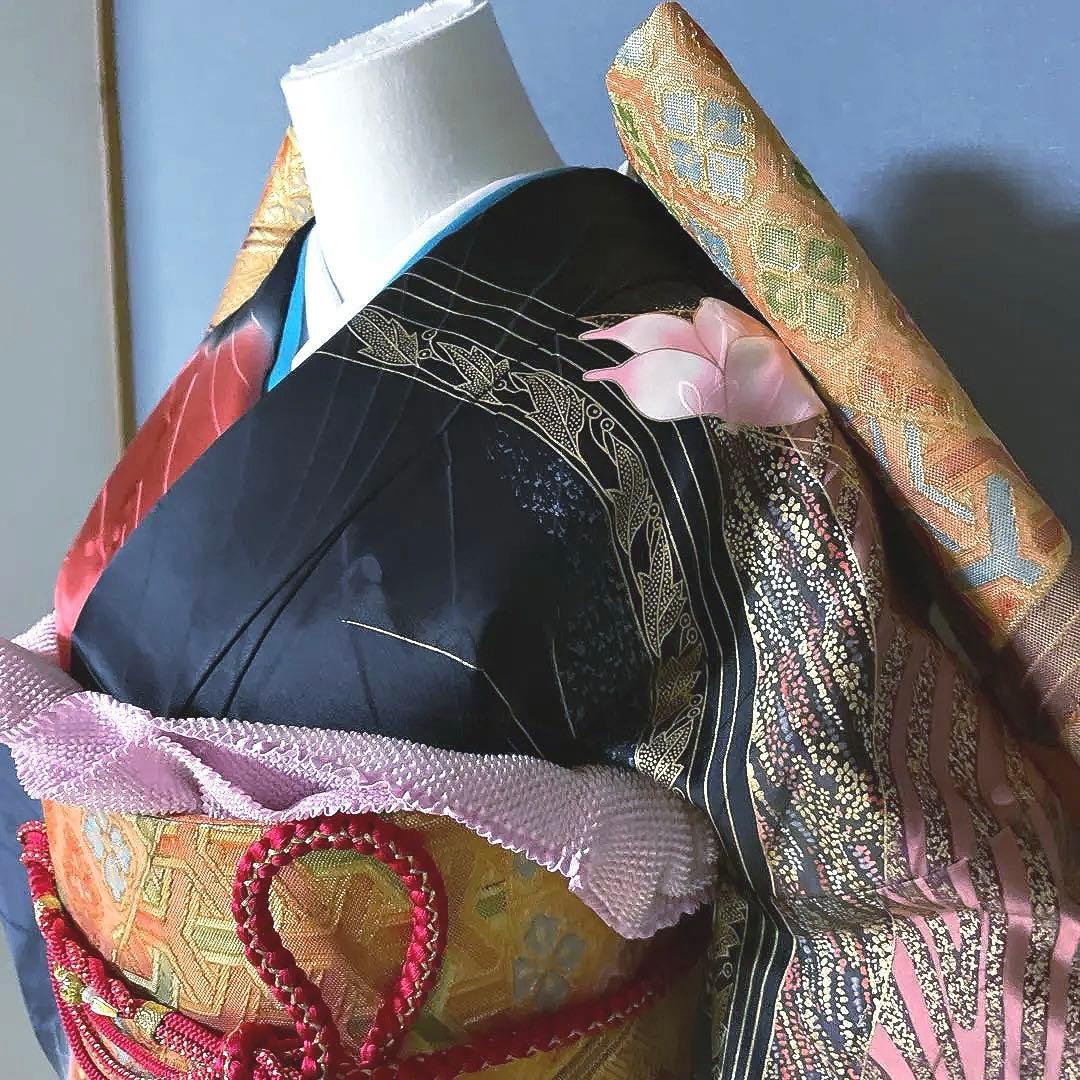 振袖フルセット　金彩加工友禅　黒と蝶々とラメでギャル完成　成人式振袖　振袖