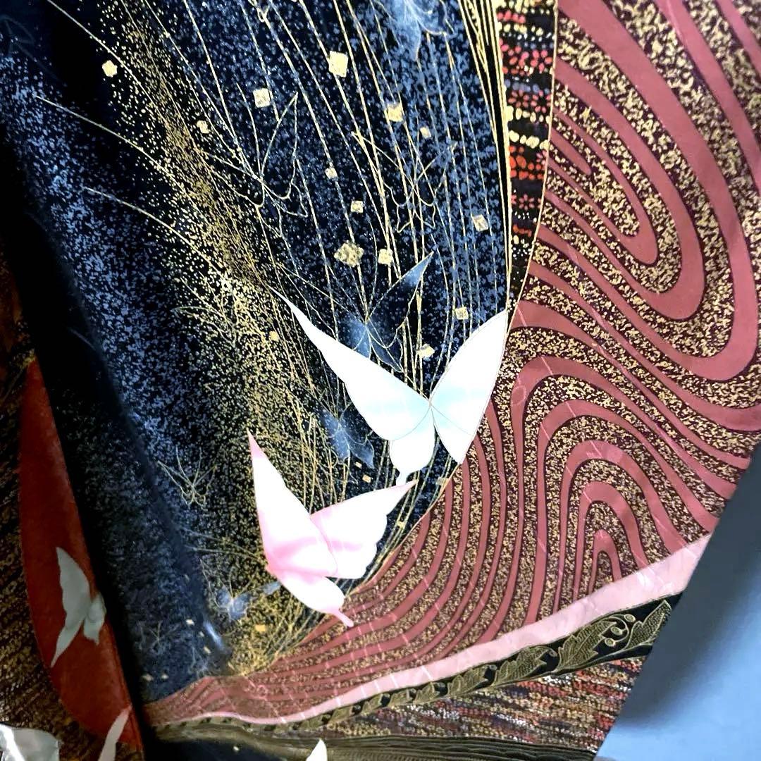 振袖フルセット　金彩加工友禅　黒と蝶々とラメでギャル完成　成人式振袖　振袖