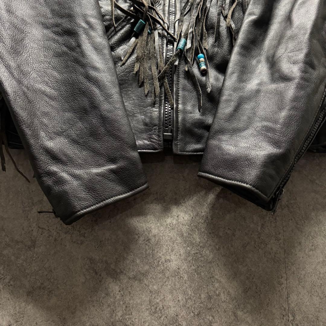 【希少】ライダースジャケット　L フリンジ　ギミック　ペイント　コンチョ　レザー