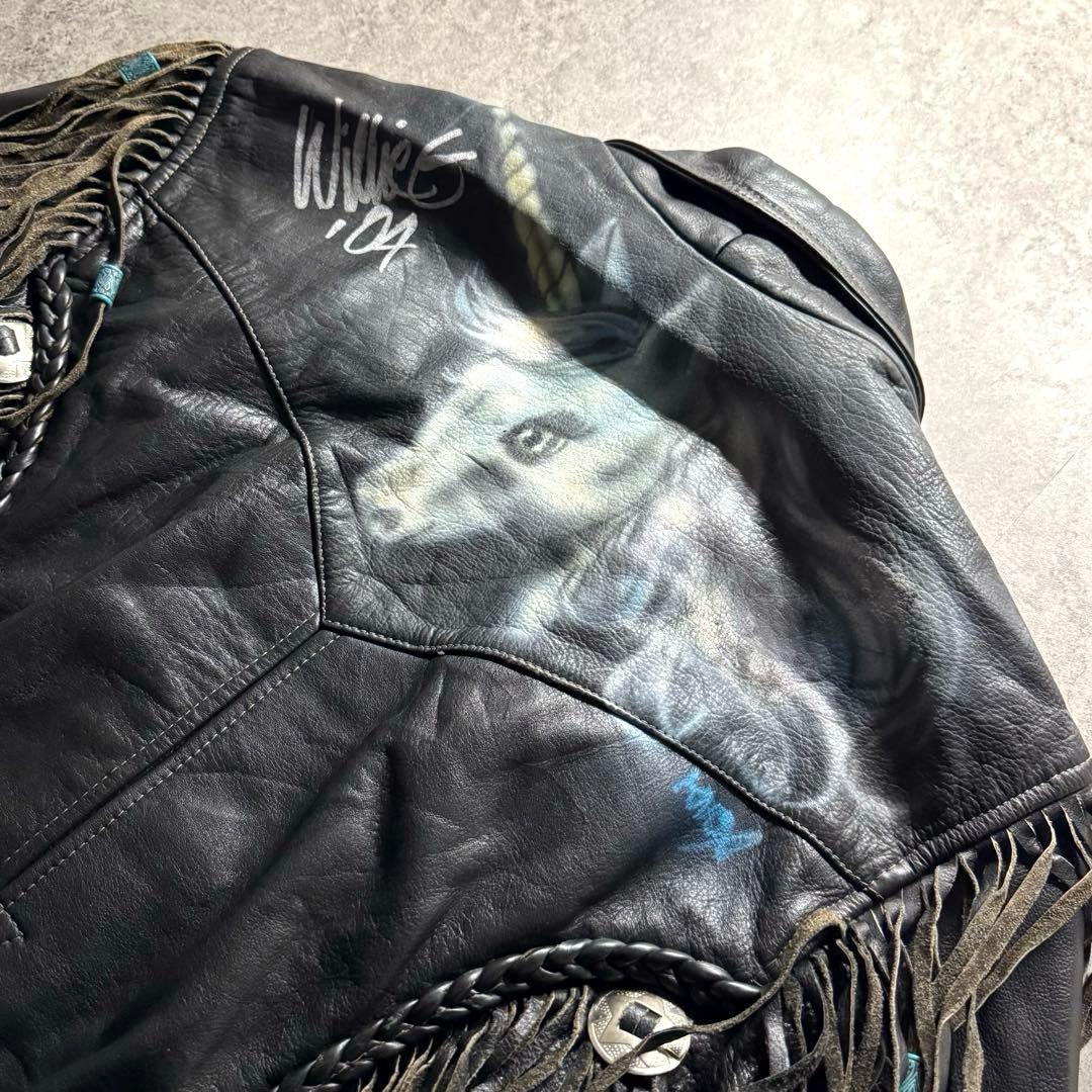 【希少】ライダースジャケット　L フリンジ　ギミック　ペイント　コンチョ　レザー