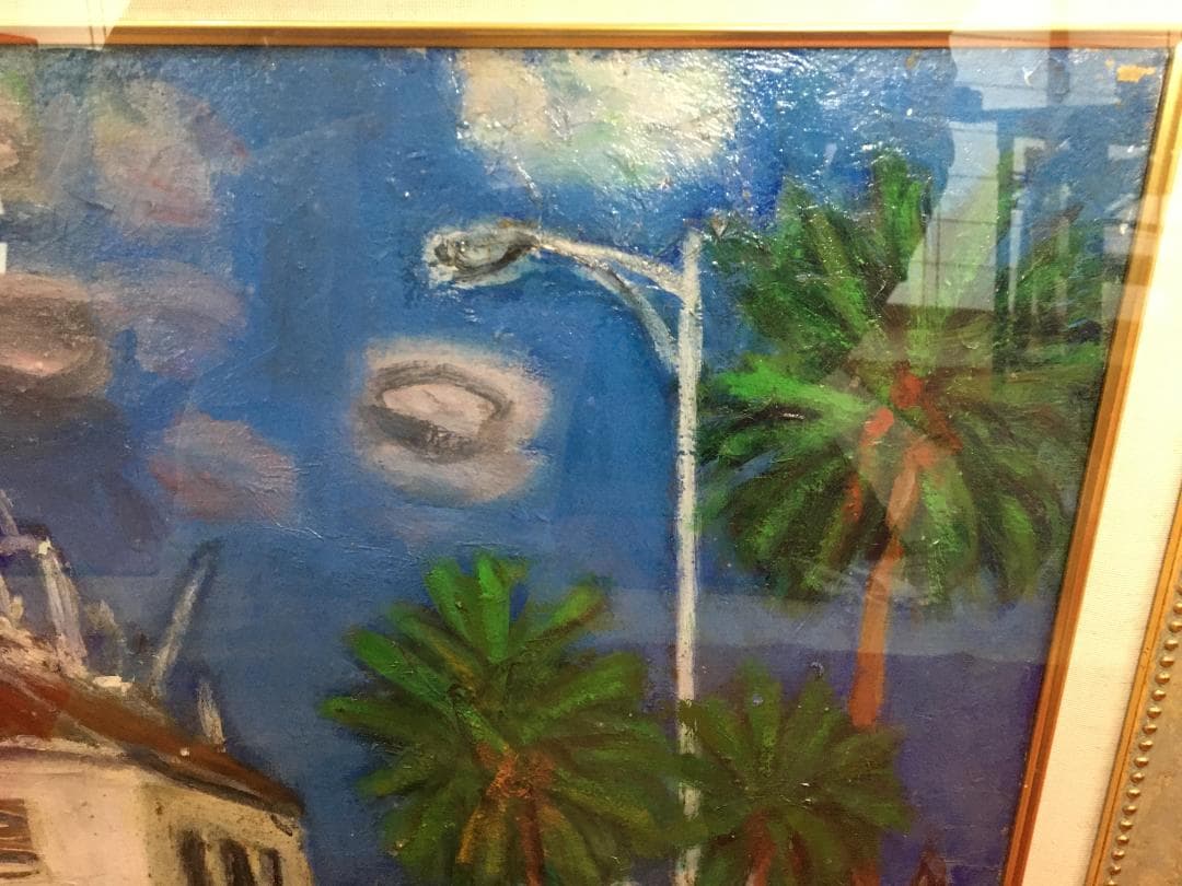 絵画 油彩画 直筆 二紀会同人 山崎朔三 港の近く ホノルル 額装 サイズ20号