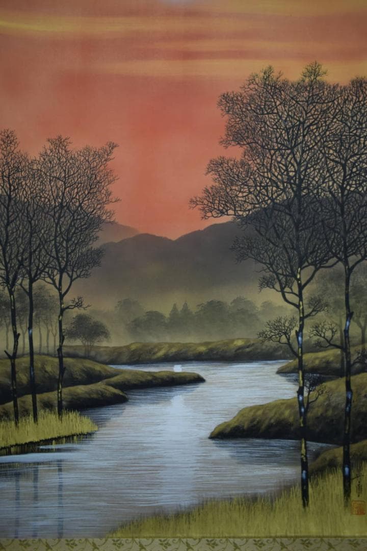 真作/小野守鳳/夕焼け/夕日図/山水/布袋屋掛軸HJ-983