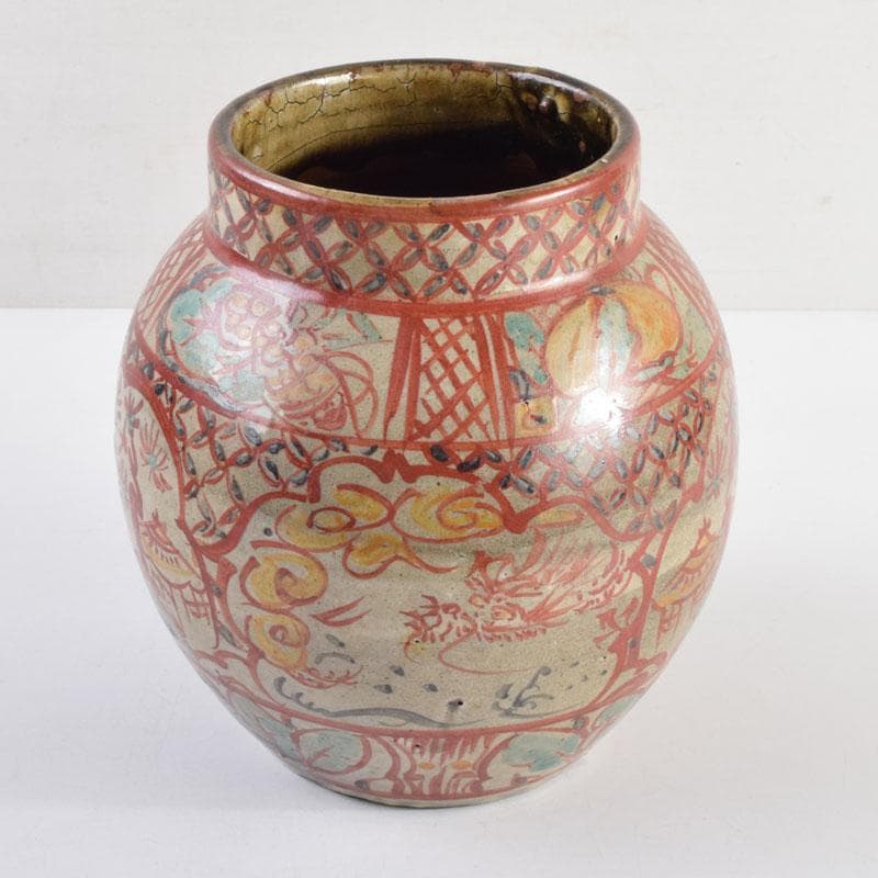 琉球陶器　壺屋焼　小橋川仁王造　神獣山水文　花瓶　共箱　C　8976