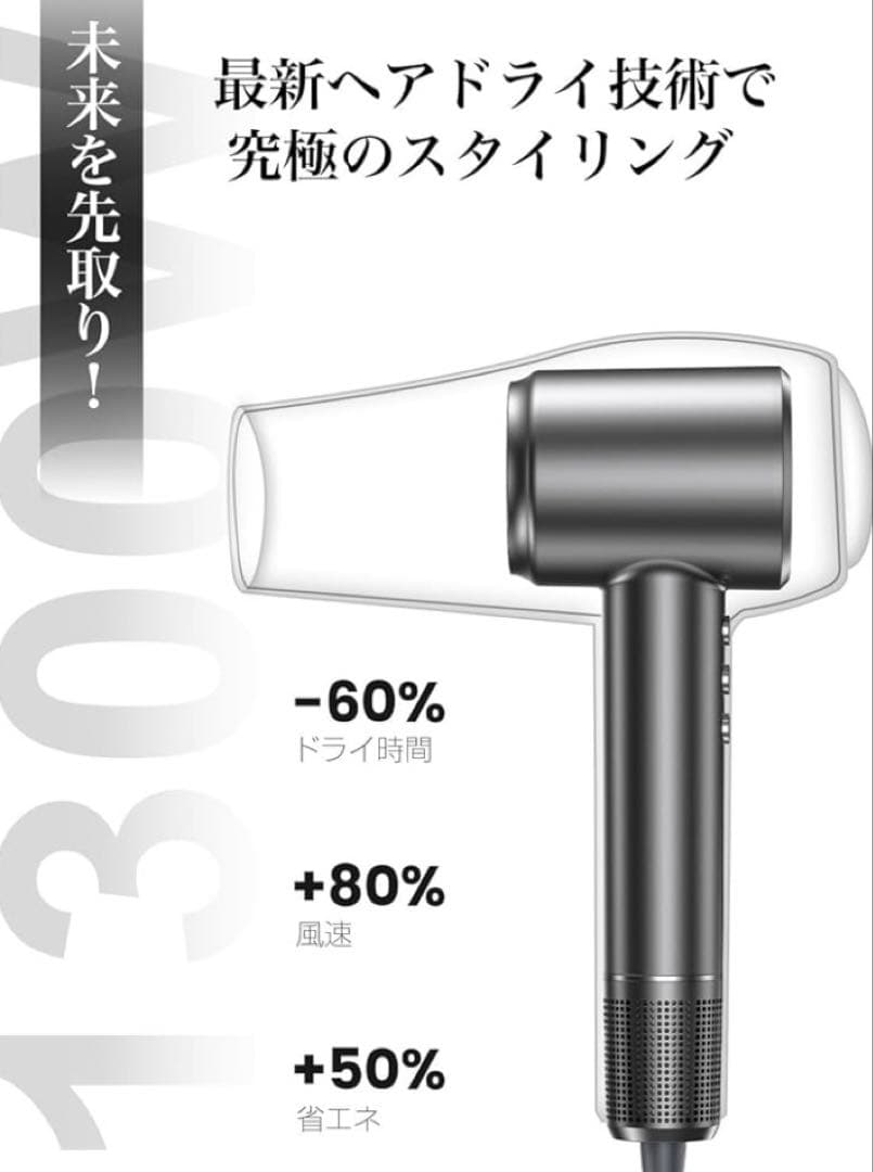 【ドライヤー】高濃度マイナスイオン マグネット式ノズル付き（グレー）