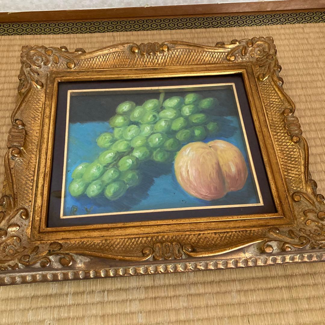 フルーツ 果物 油彩画 油絵　ガラス入額 アンティーク　骨董