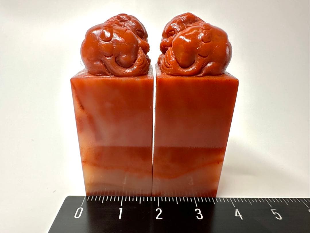 獅子　古獣　朱砂　水凍　ペア印　高級印材　ラオス　篆刻　印材書道　落款　対章