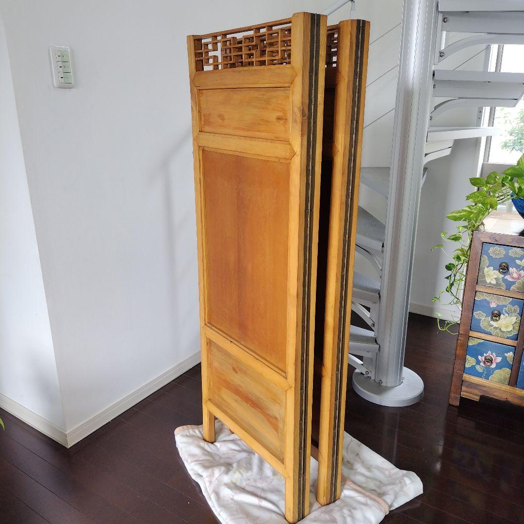 昭和レトロ当時物 美術骨董品 欅 木製衝立4面 水墨画 和モダン