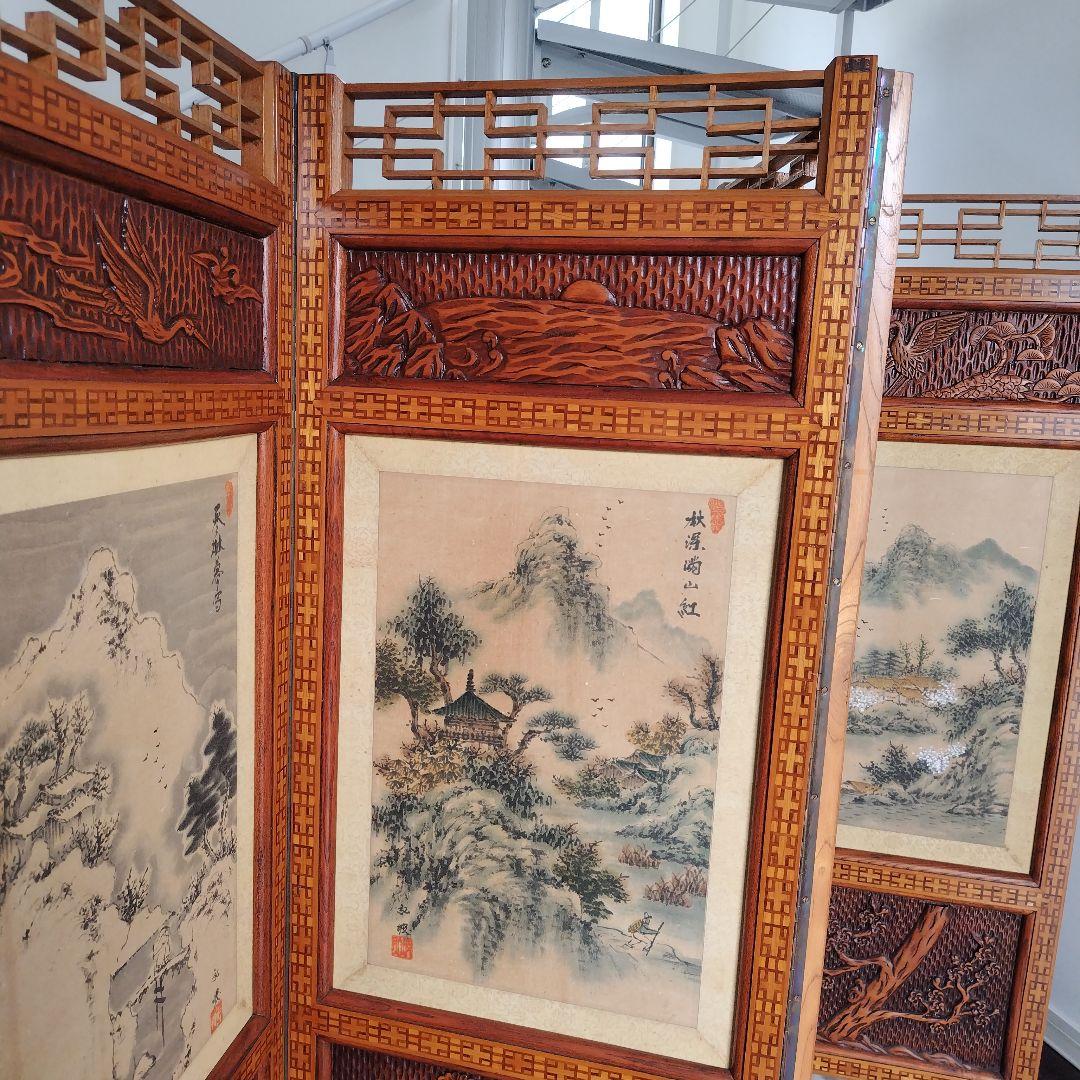 昭和レトロ当時物 美術骨董品 欅 木製衝立4面 水墨画 和モダン