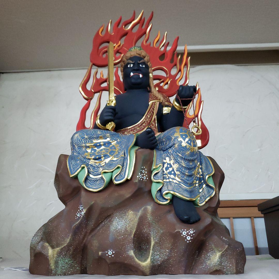 Ｂフライデー蔵出し特価希少台座極彩色錐金 不動明王半跏像7寸楠材高さ：約57cm