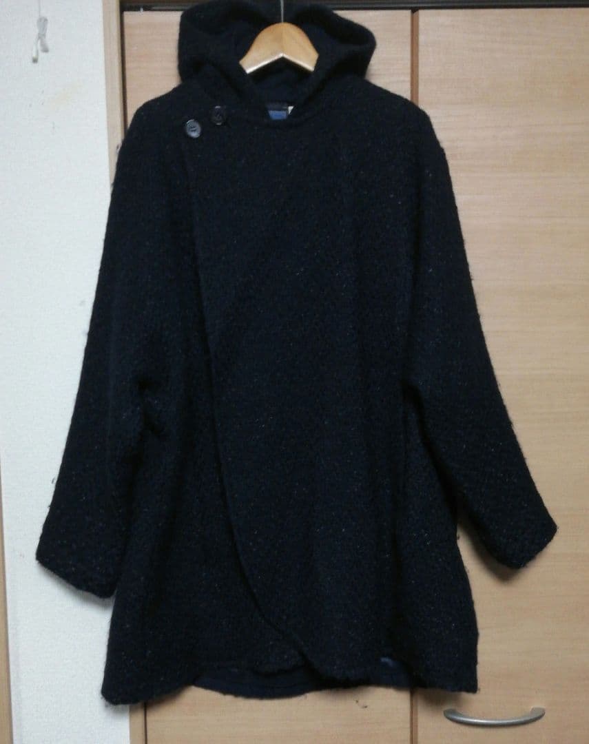 名作 日本製【ハリラン BLUEBLUE】ウール100%ラップマントコート 紺