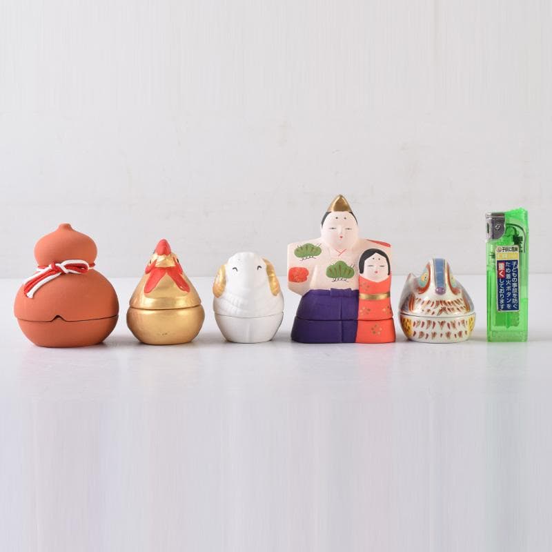 茶道具　楽山作　立雛他　干支　水鳥など　色絵香合　6点まとめて　N　8222