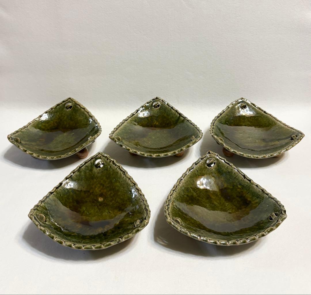 織部釉 三角 向付 五客 盛皿 刺身皿 三足 高台付 脚付 作家物 懐石料理