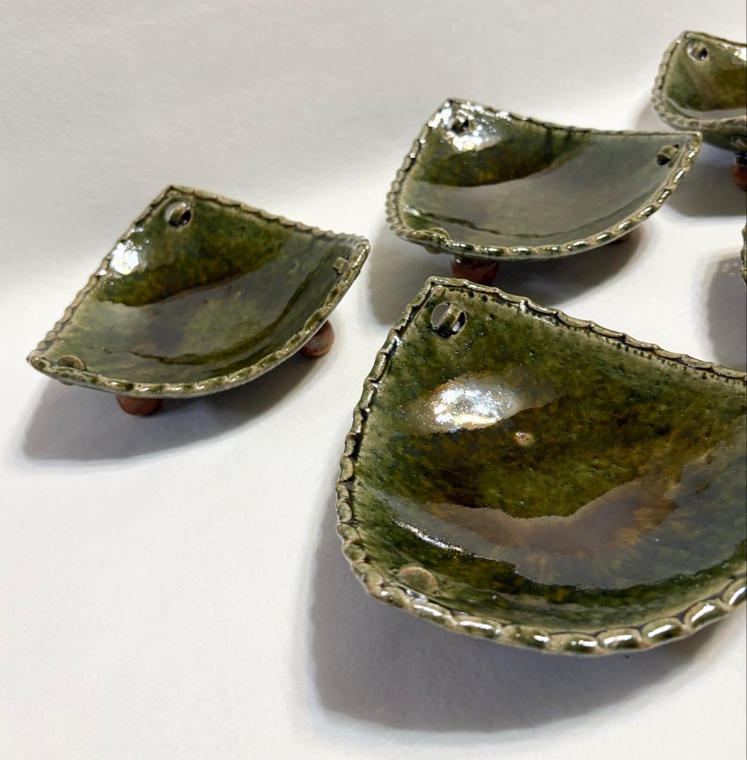 織部釉 三角 向付 五客 盛皿 刺身皿 三足 高台付 脚付 作家物 懐石料理