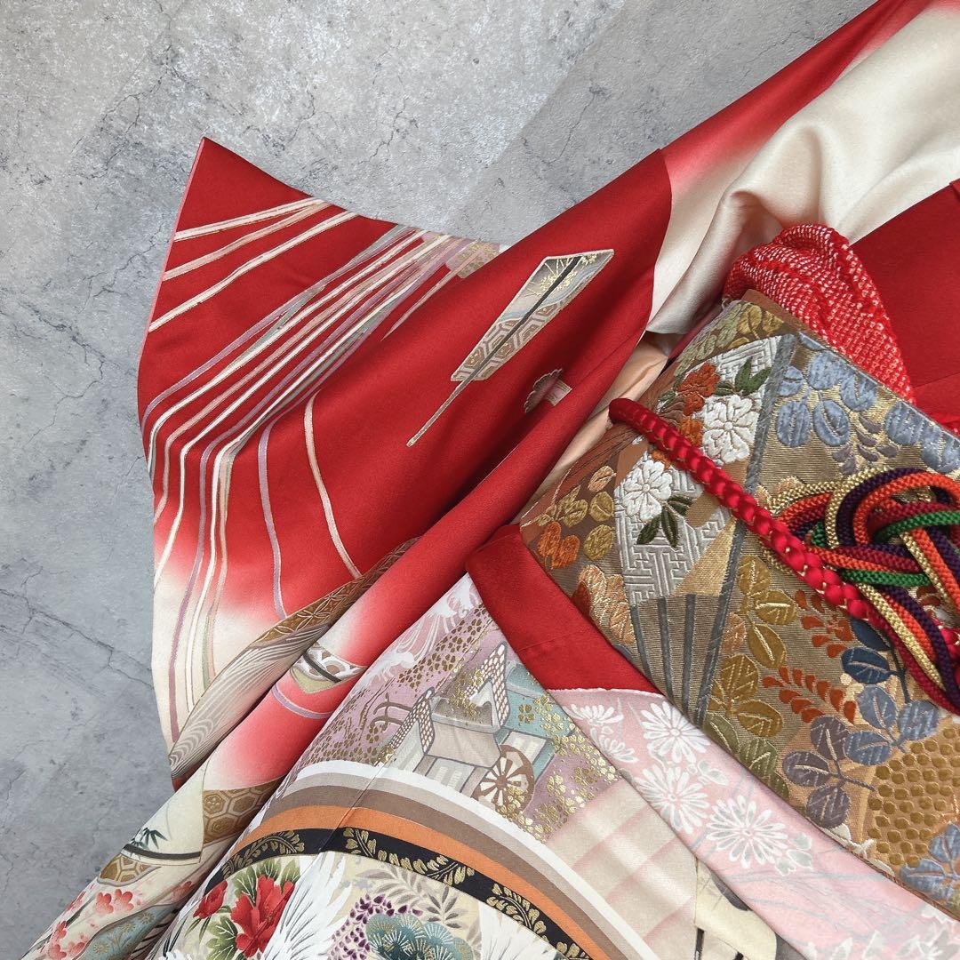 特価　振袖　フルセット　正絹　赤　古典柄　成人式